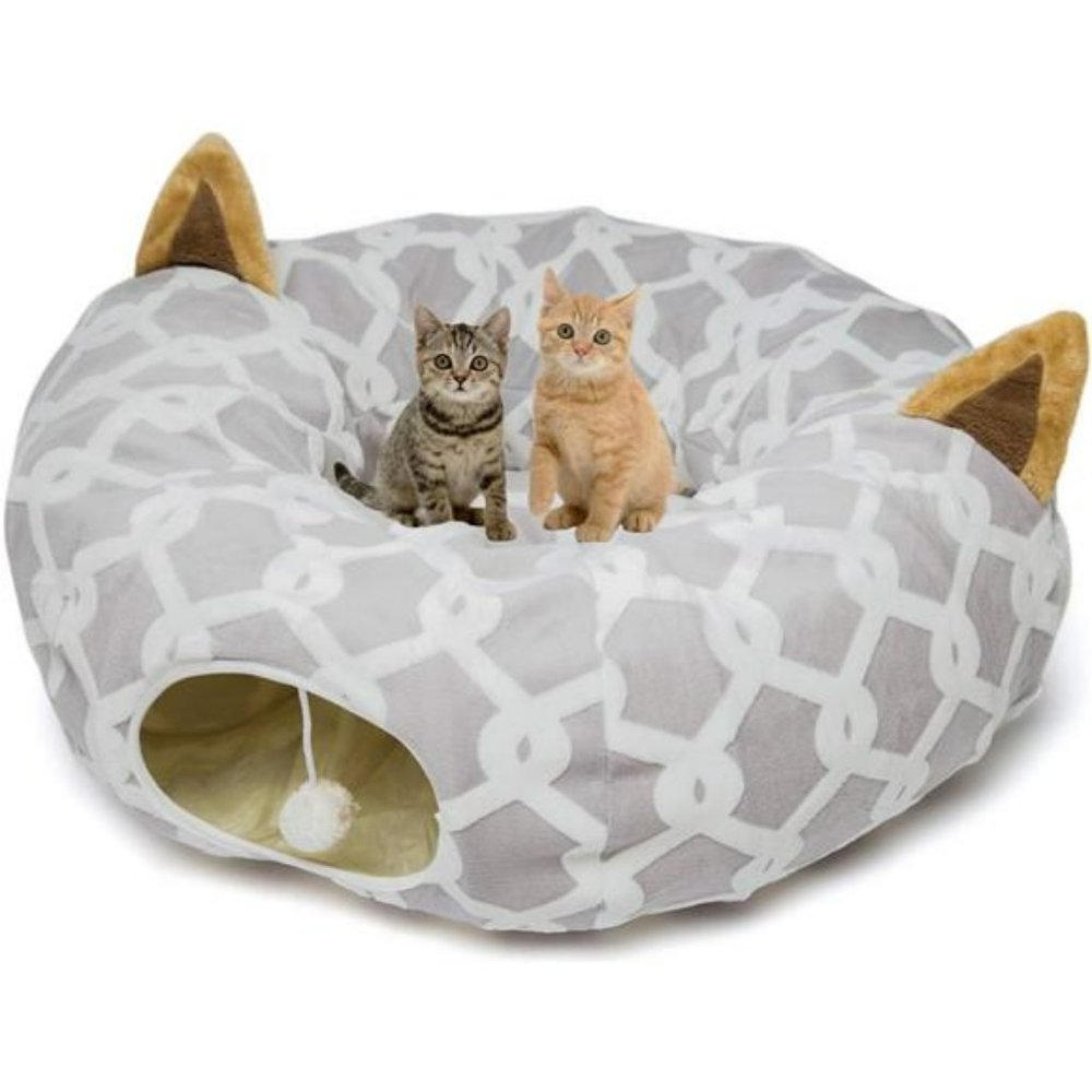 Large Cat Tunnel Bed with Plush Cover, Fluffy Toy Balls,  10 "D, 3 ft L